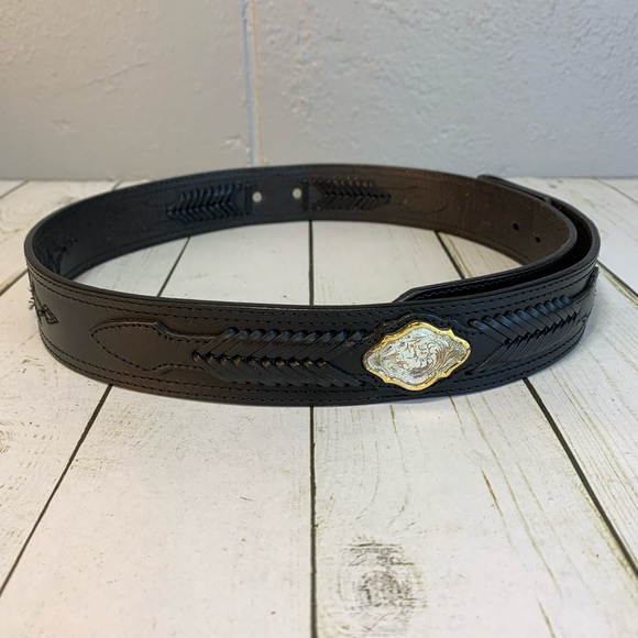 Justin Black Leather Western Belt Braided Gold Silver Accents Men's Size 34 - Picture 1 of 7